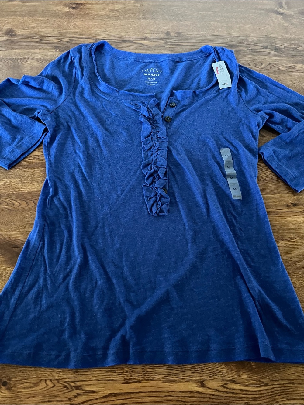 Womens NWT Old Navy Blue Ruffle Henley Shirt Size Medium